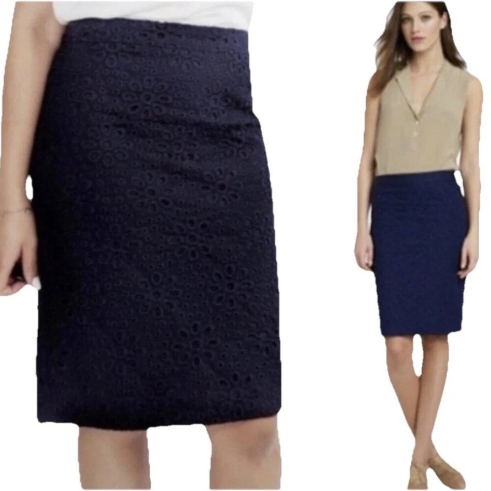 J. CREW Navy Blue Eyelet Pinwheel No. 2 Pencil Skirt Sz 6